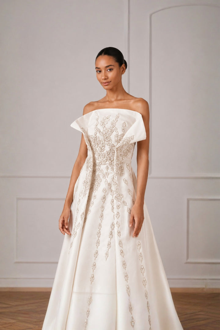 Ivory Silver Threadwork Highlight Off Shoulder Cascade Gown With Back Trail