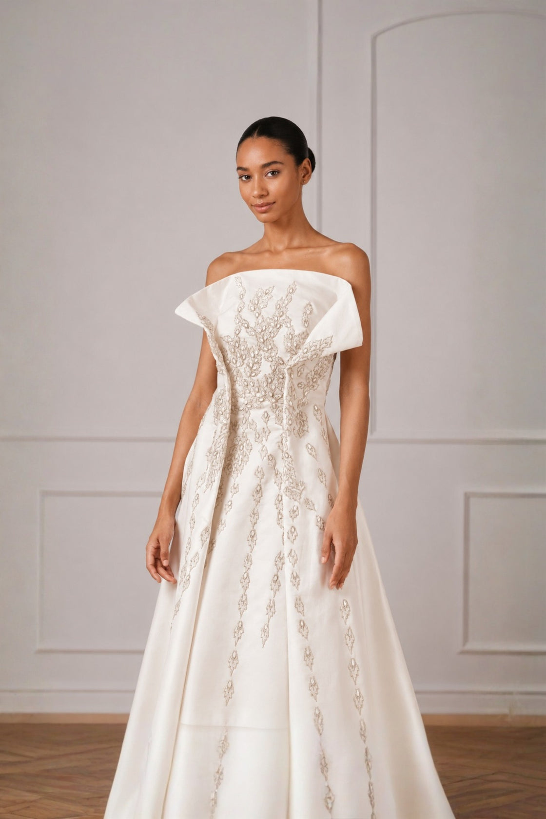 Ivory Silver Threadwork Highlight Off Shoulder Cascade Gown With Back Trail