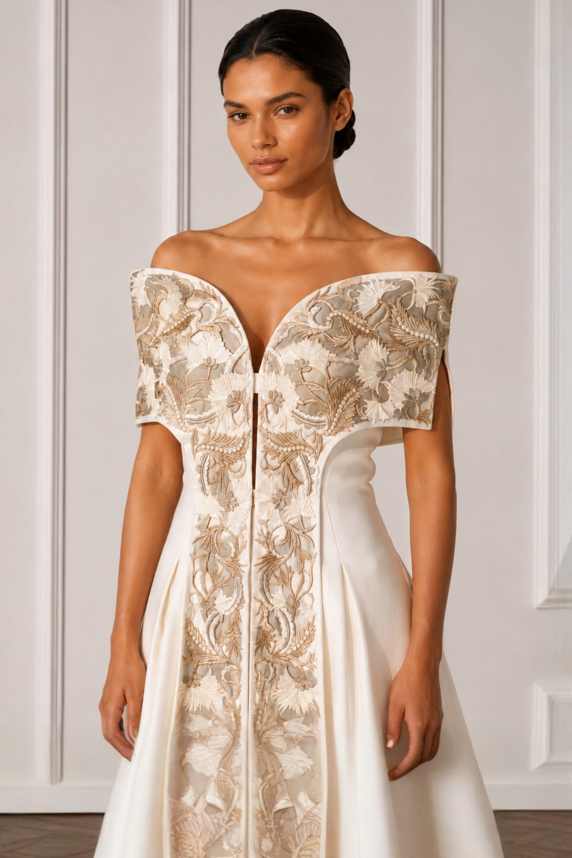 Ivory Off Shoulder Front Open Embroidered Panelled Gown