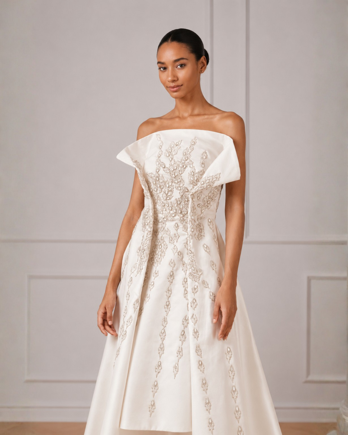 Asymmetrical hem off shoulder gown