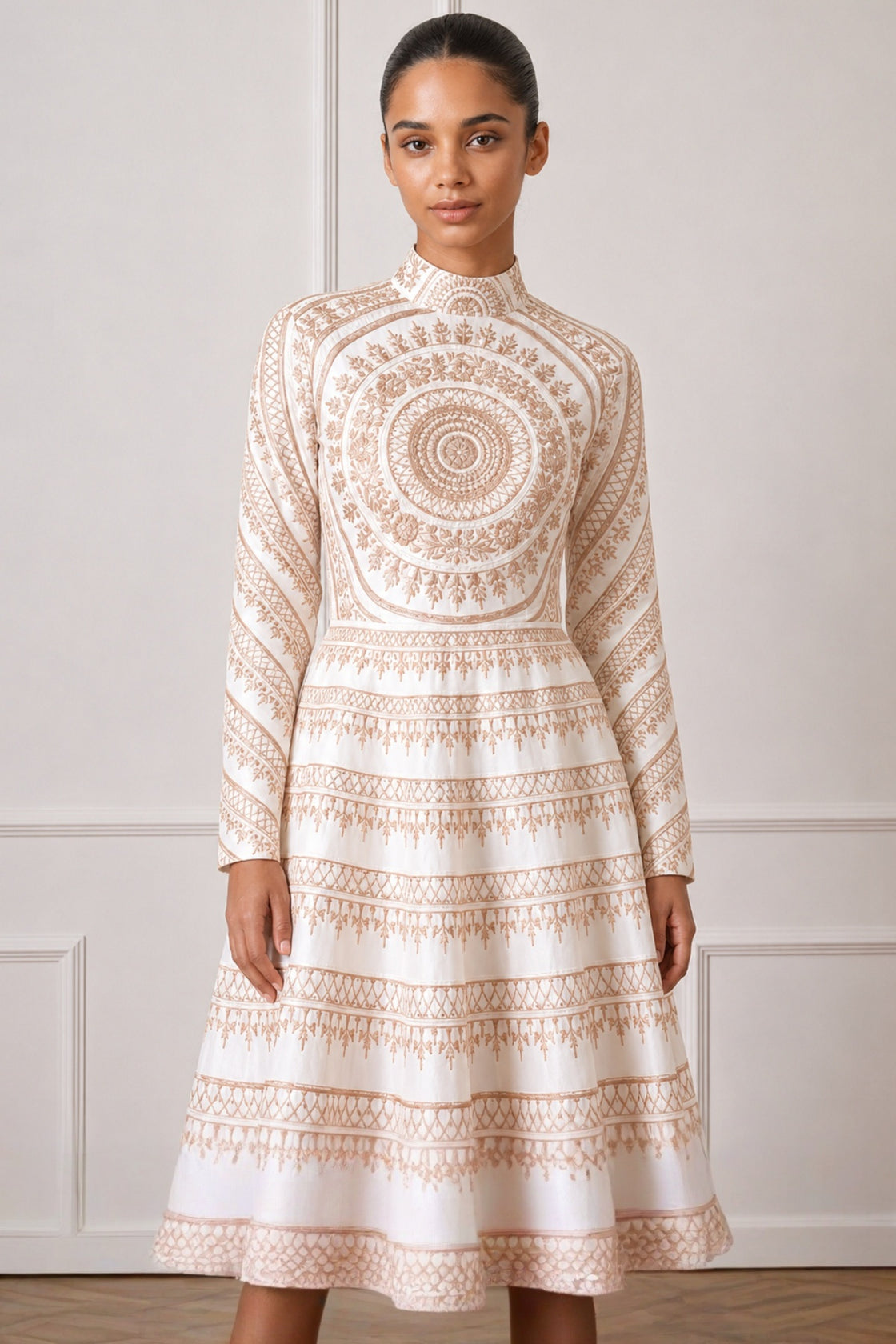 Ivory High Neck Silver Threadwork  Embroidered Dress