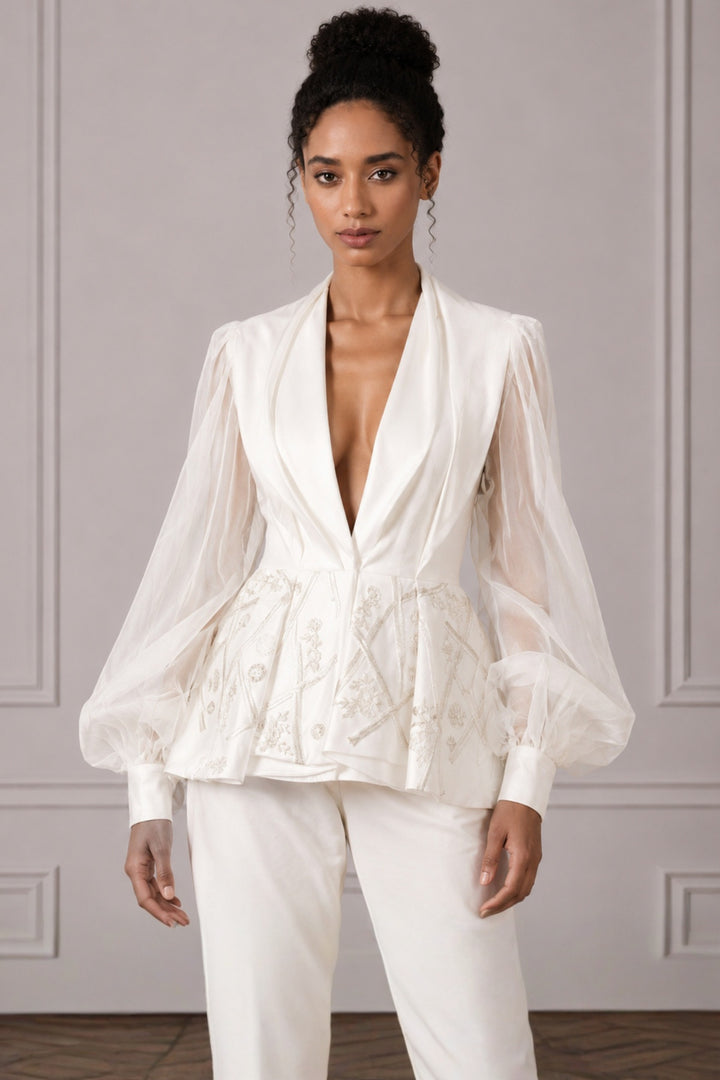 Ivory Puff Sleeve Peplum Top With Straight Pant Set