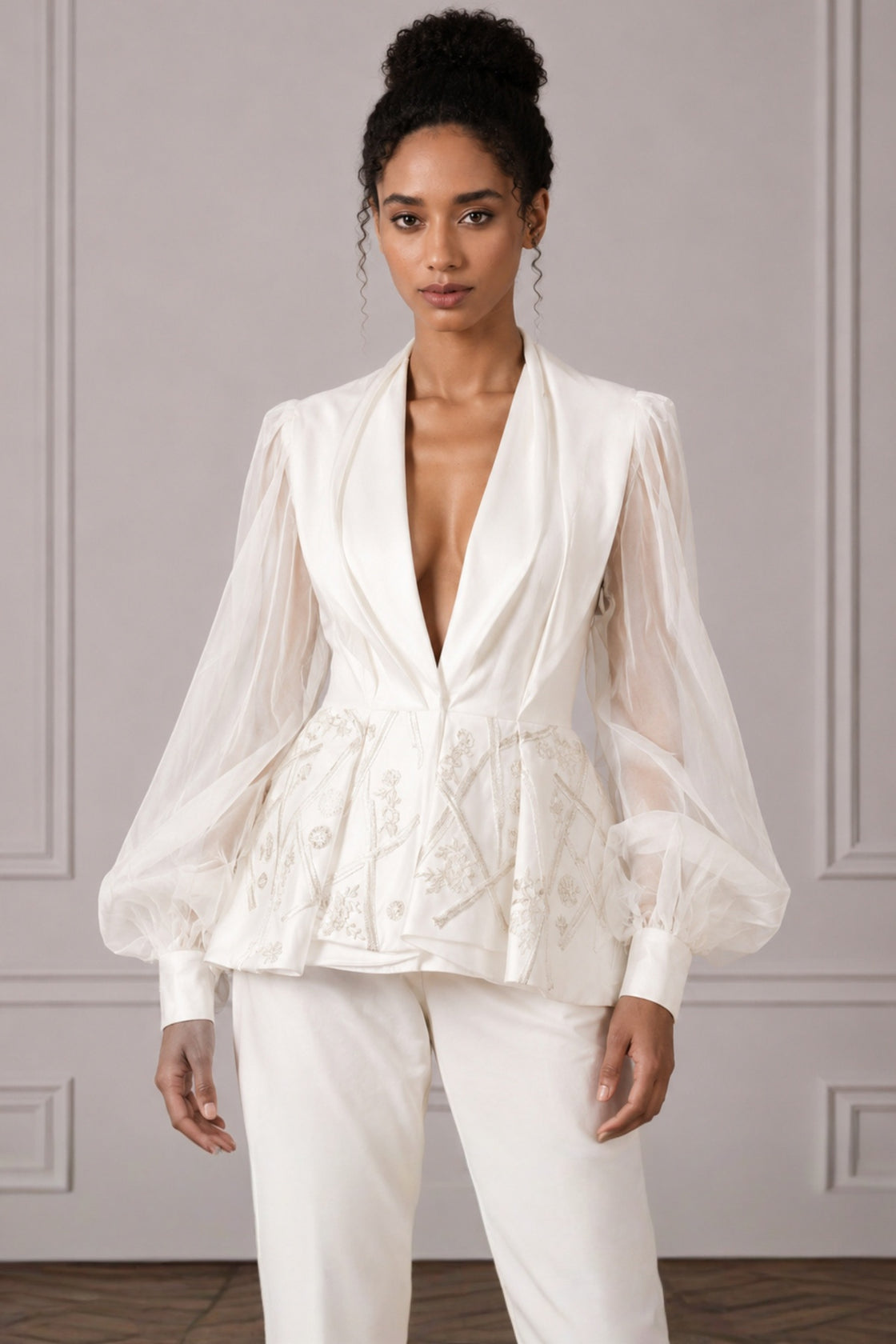 Ivory Puff Sleeve Peplum Top With Straight Pant Set