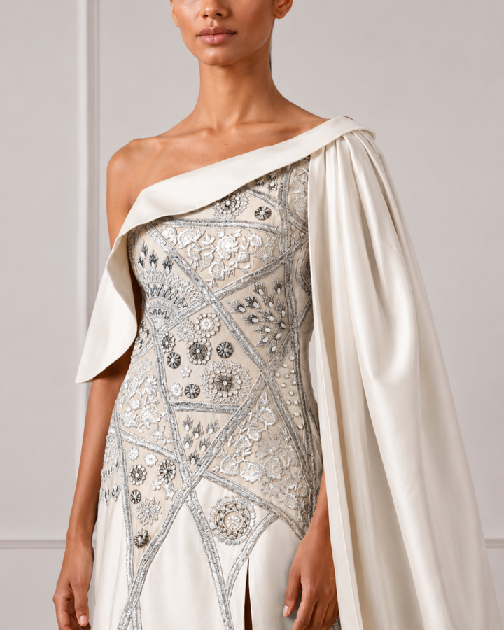 Ivory Knee-Length Peplum Attached Ankle Length Dress