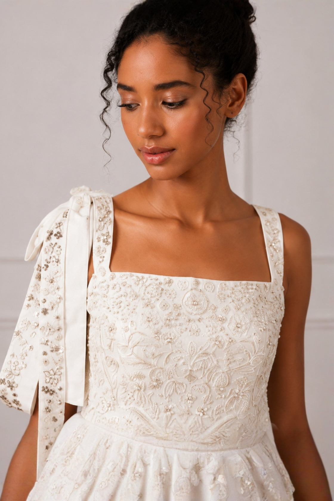 Ivory Silver Embroidered Peplum Top With Pleat Highlight And Trail Attached & Straight Pant Set