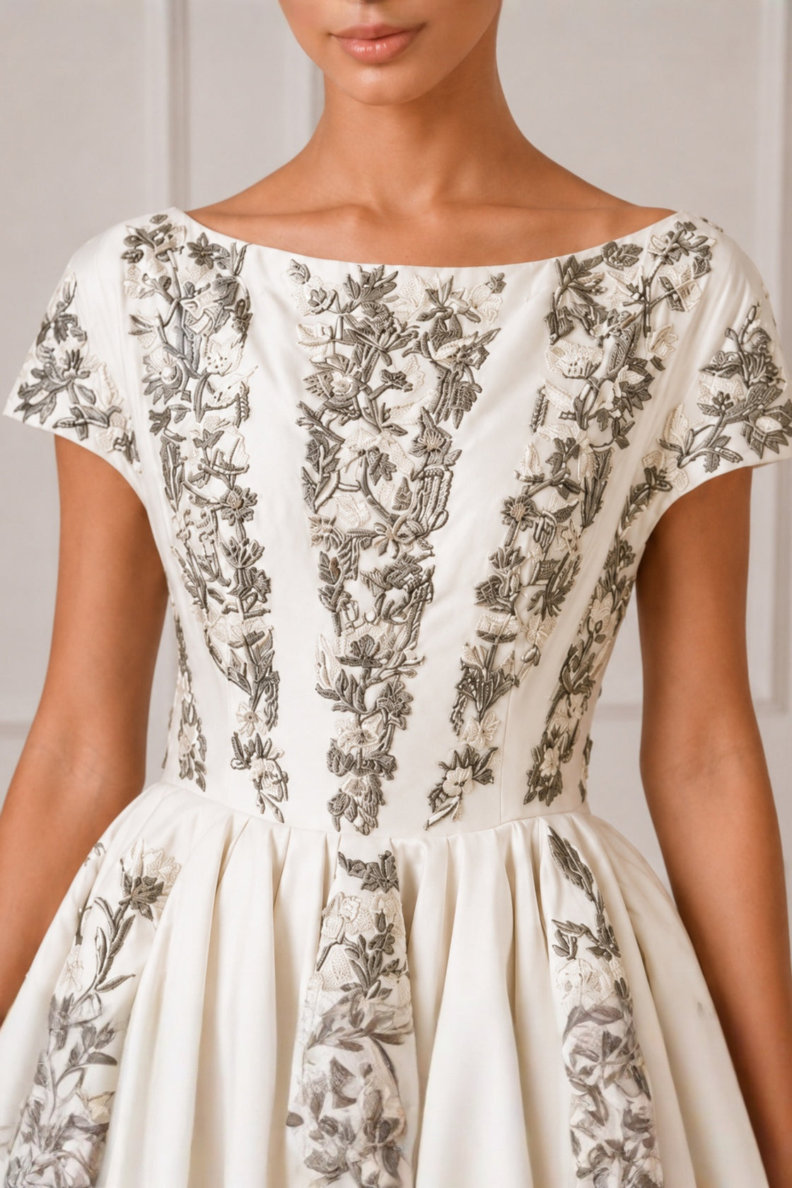 Ivory Threadwork Flared High Low Panel Highlight  Gown