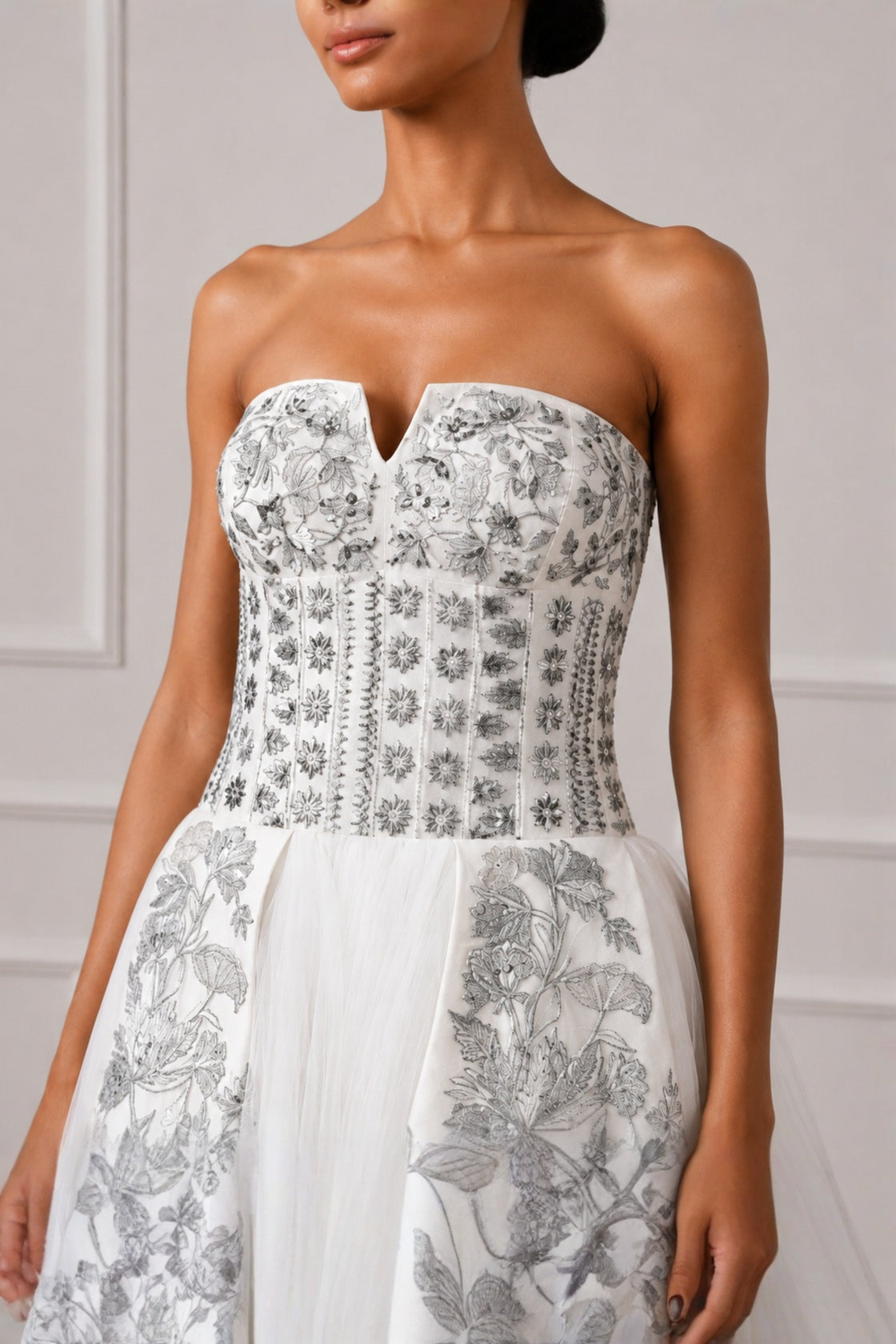 Pearl Ivory Contrasting Silver Botanical Embroidered Off Shoulder Dress