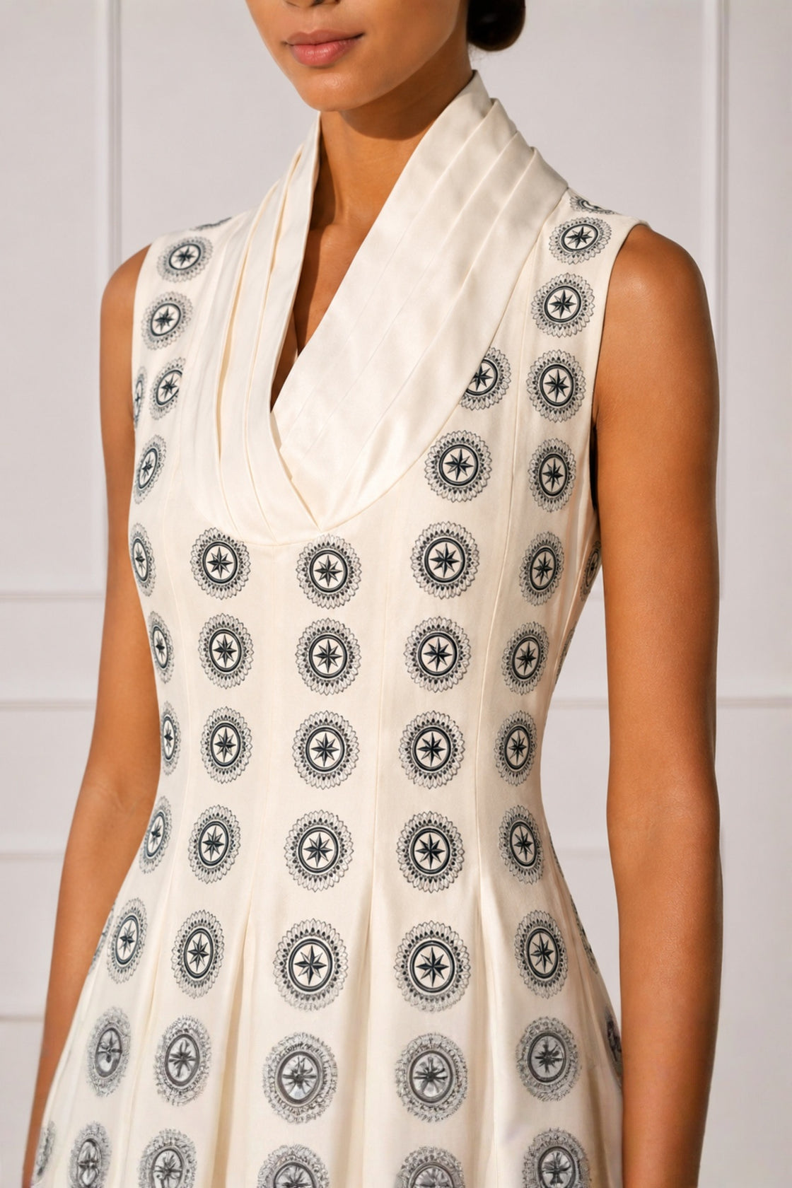 Ivory Cowl Neck Pleated Maxi Dress With Motif Embroidery Highlight