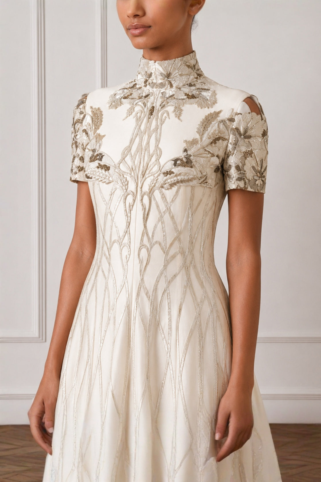 Ivory High Neck  Contrasting Silver Embroidered Dress