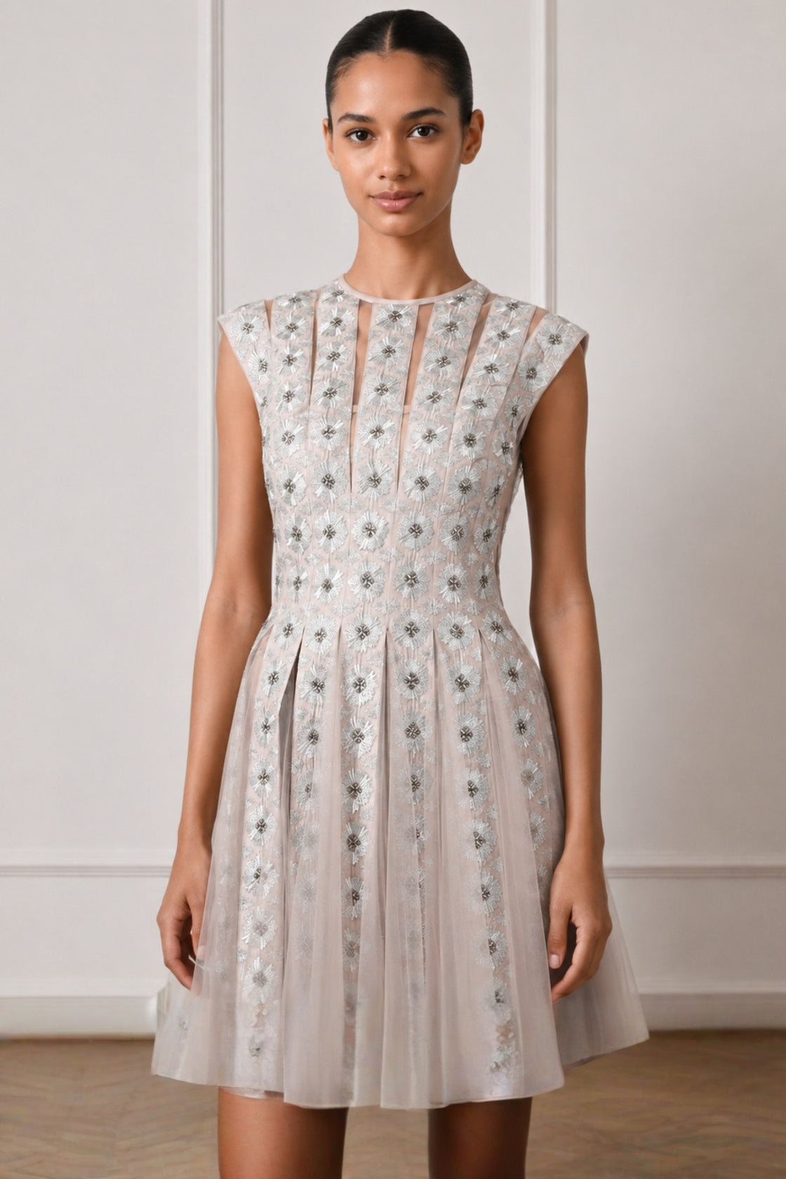 Pink Grey Threadwork Embroidered Dress With Tulle Flare