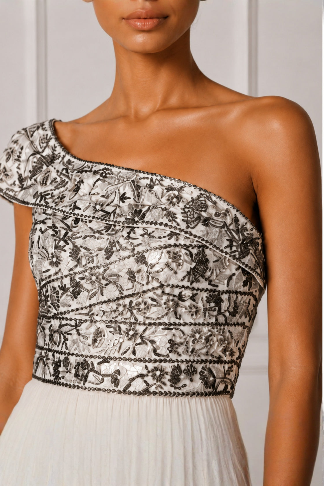 Ivory Silver Embroidered One-Side Shoulder Dress With Tier Dress