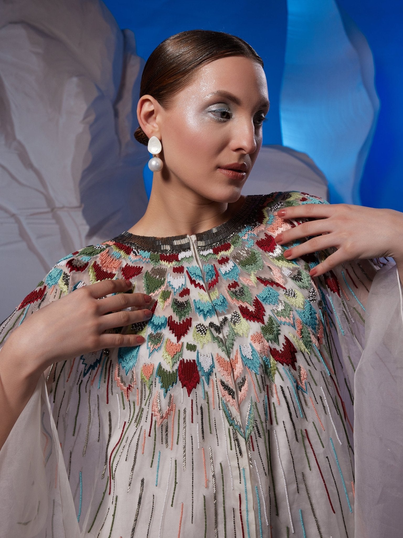 Colorful embroidered organza silk kaftan - samantchauhan Apparel & Accessories