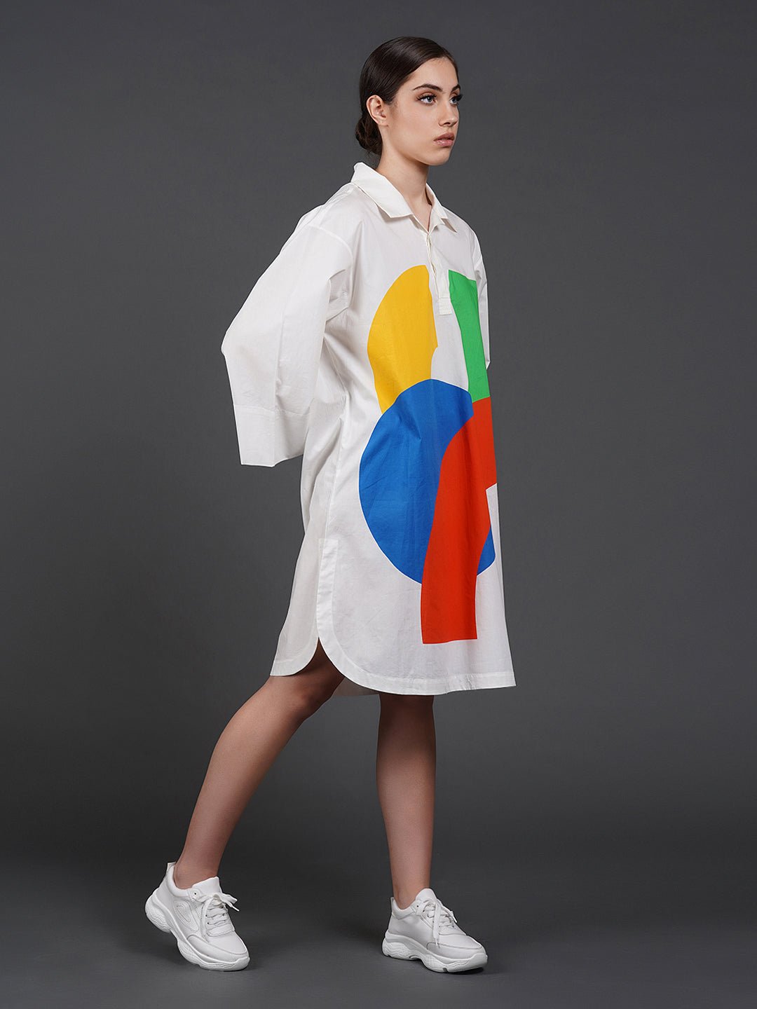 Copy of White cotton kurta showcasing abstract digital print in the front. - samantchauhan