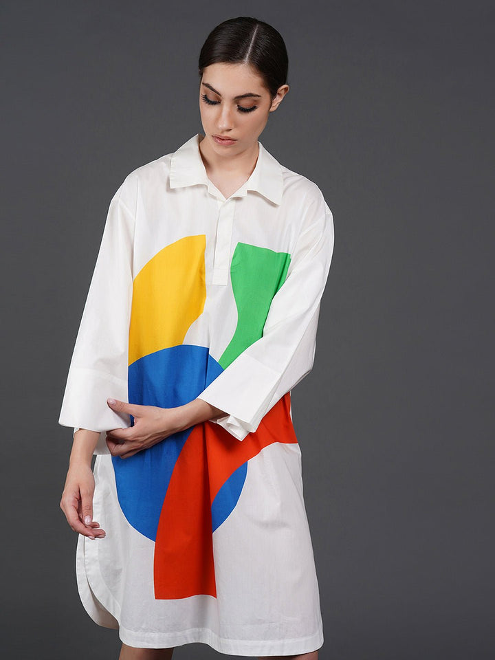 Copy of White cotton kurta showcasing abstract digital print in the front. - samantchauhan
