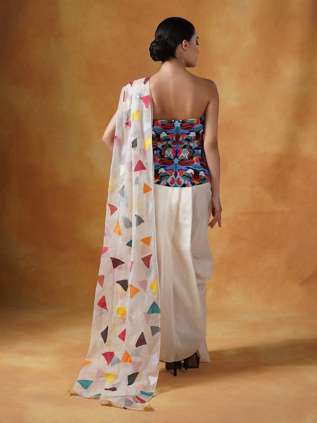 Corset that is intricately embroidered in colorful beads, decorated with a printed pallu and is paired with a plain white cotton silk drape skirt. - samantchauhan Apparel & Accessories
