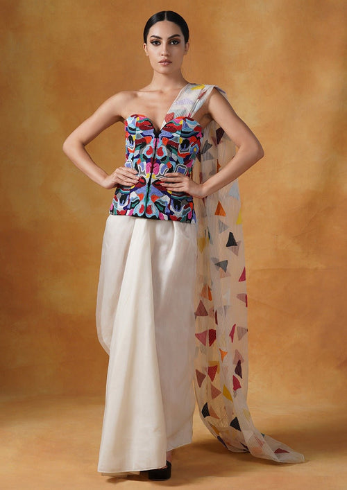 Corset that is intricately embroidered in colorful beads, decorated with a printed pallu and is paired with a plain white cotton silk drape skirt. - samantchauhan Apparel & Accessories