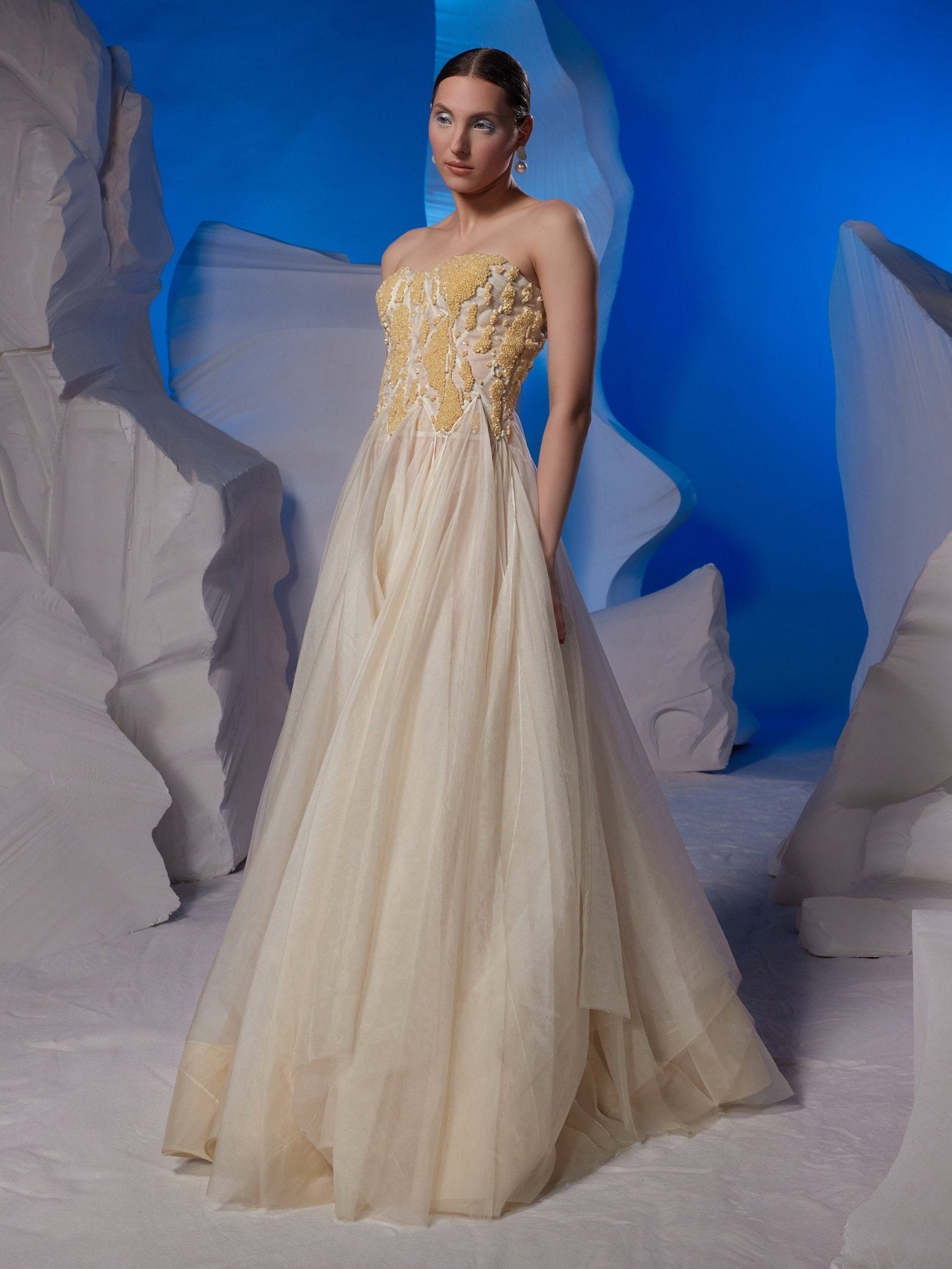 Corsetted ivory organza silk tube gown - samantchauhan Apparel & Accessories