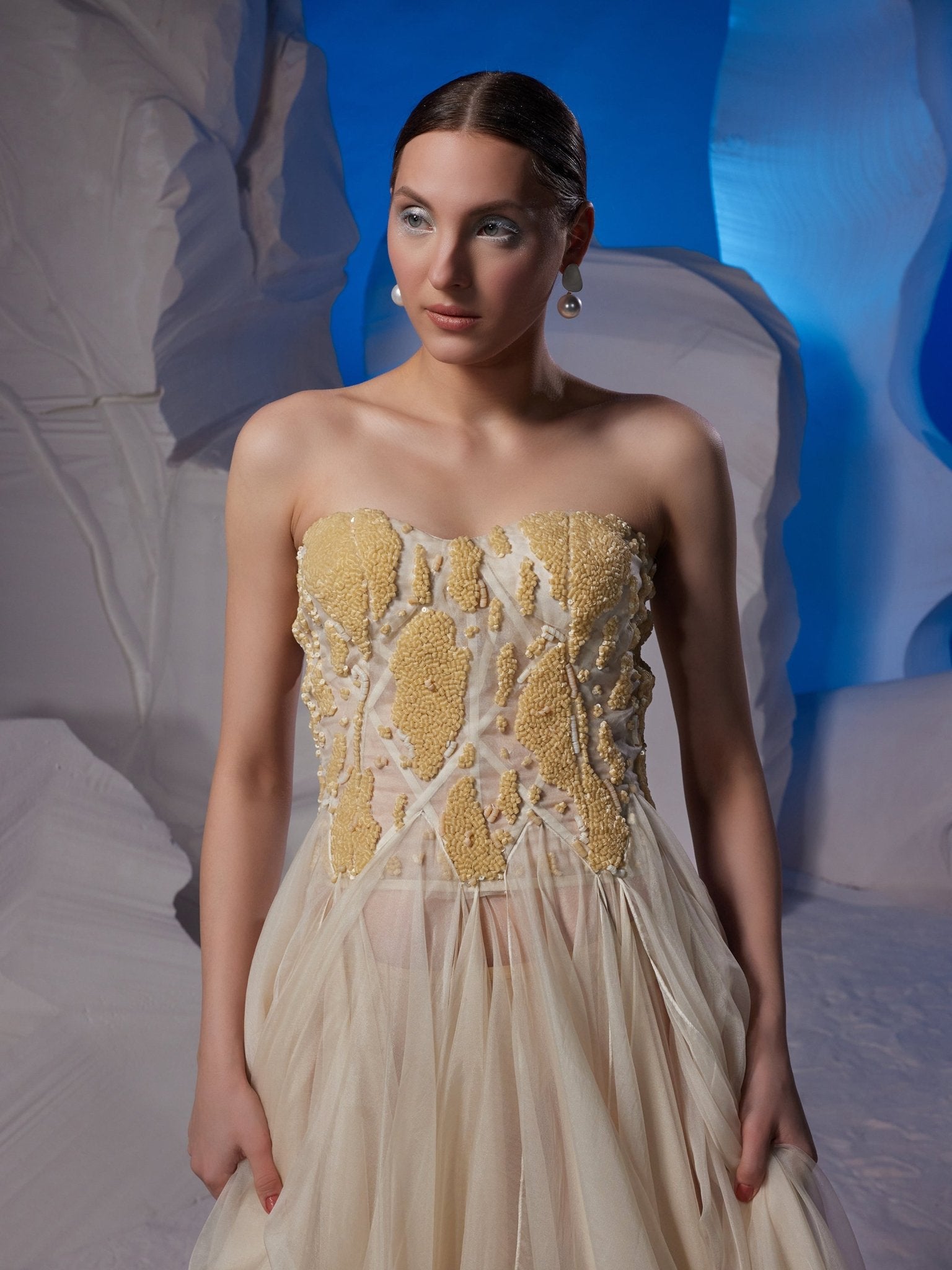 Corsetted ivory organza silk tube gown - samantchauhan Apparel & Accessories