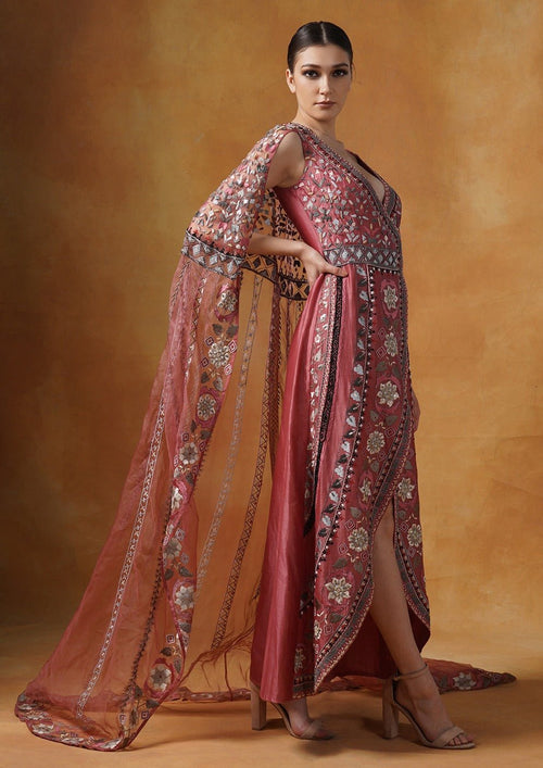 Cotton silk gown with an attached embroidered trail. - samantchauhan Apparel & Accessories