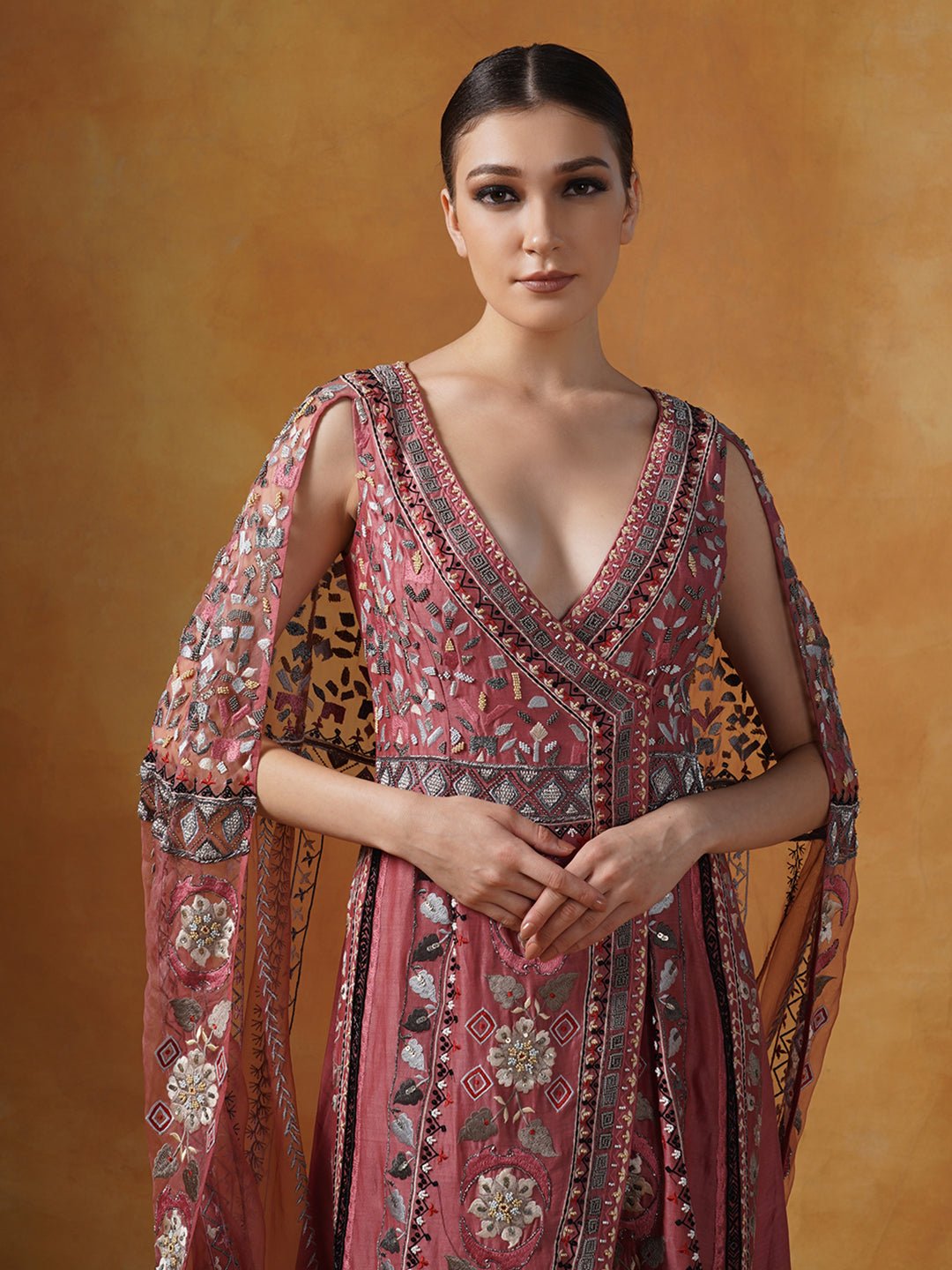 Cotton silk gown with an attached embroidered trail. - samantchauhan Apparel & Accessories