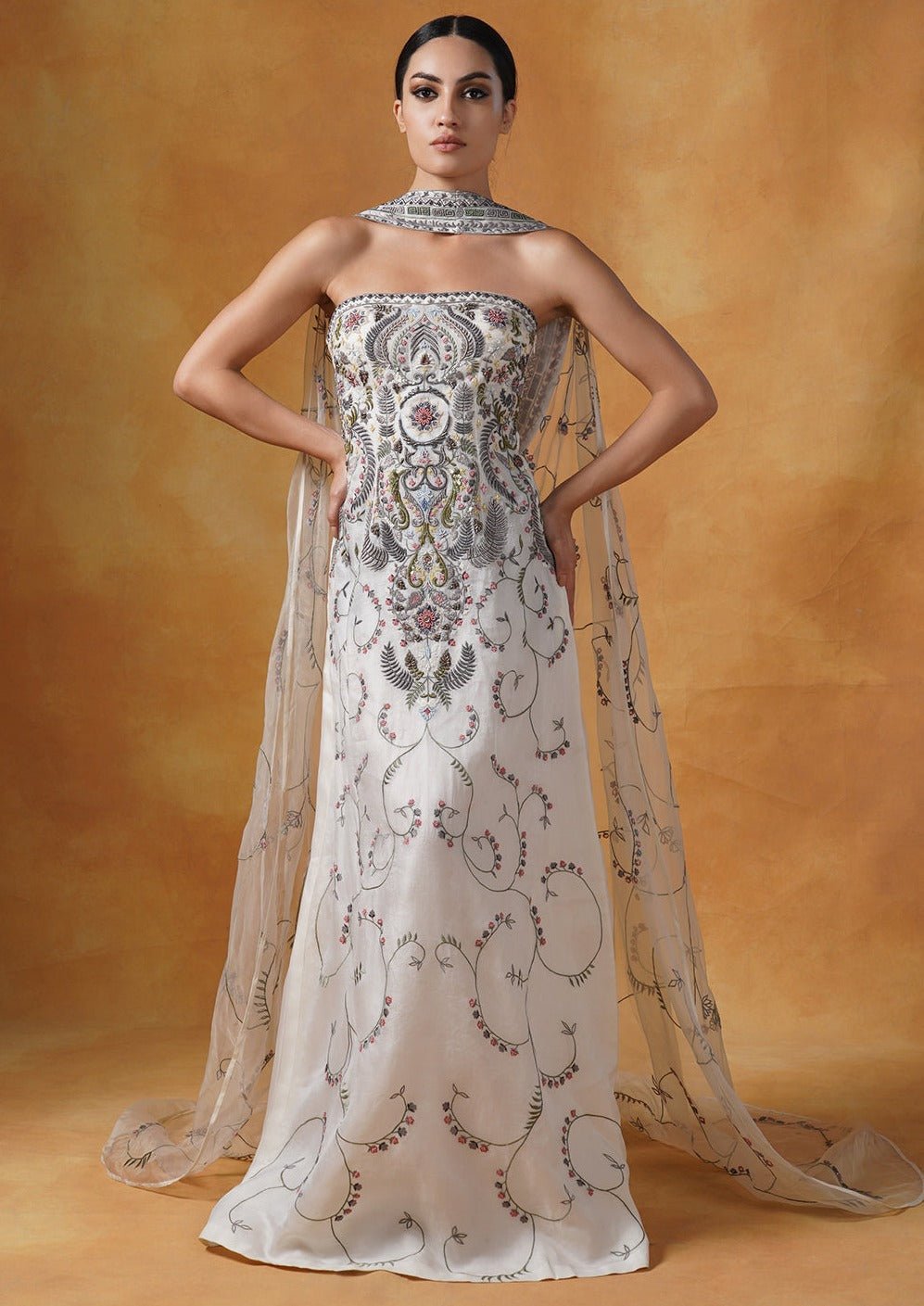Cotton silk tube dress with an organza cape - samantchauhan Apparel & Accessories