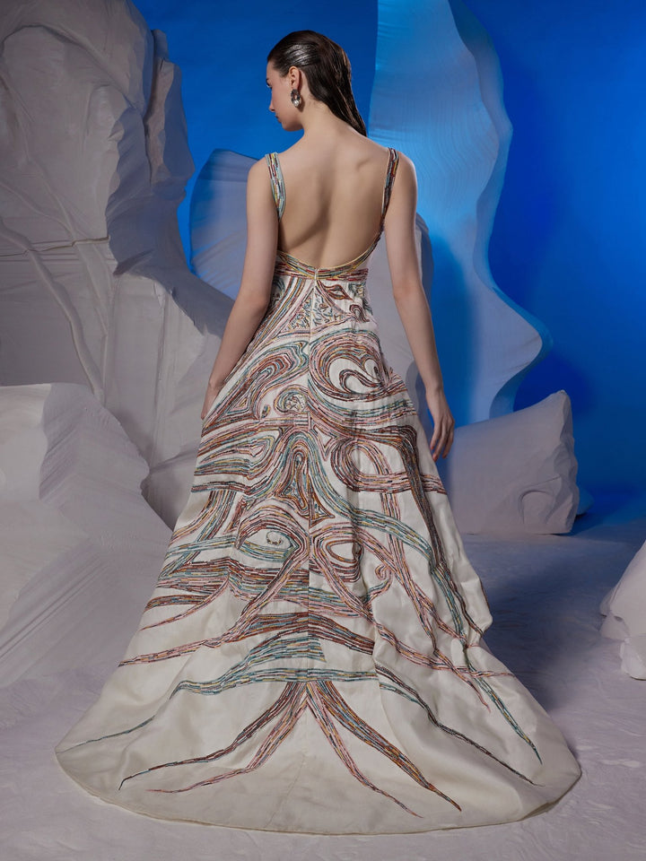Cotton silk v neck gown featuring colorful silk thread - samantchauhan Apparel &amp; Accessories