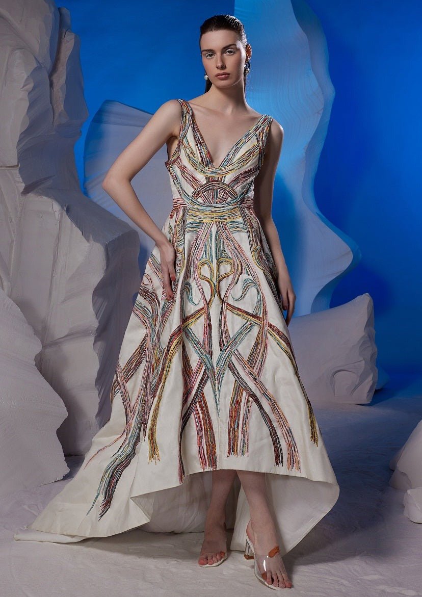 Cotton silk v neck gown featuring colorful silk thread - samantchauhan Apparel & Accessories