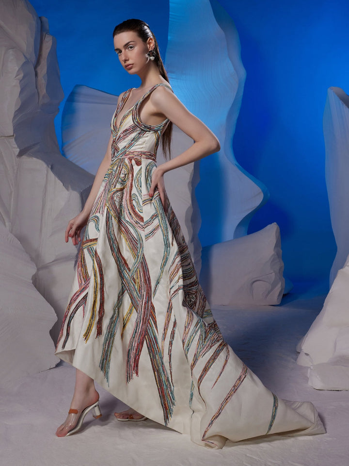 Cotton silk v neck gown featuring colorful silk thread - samantchauhan Apparel &amp; Accessories