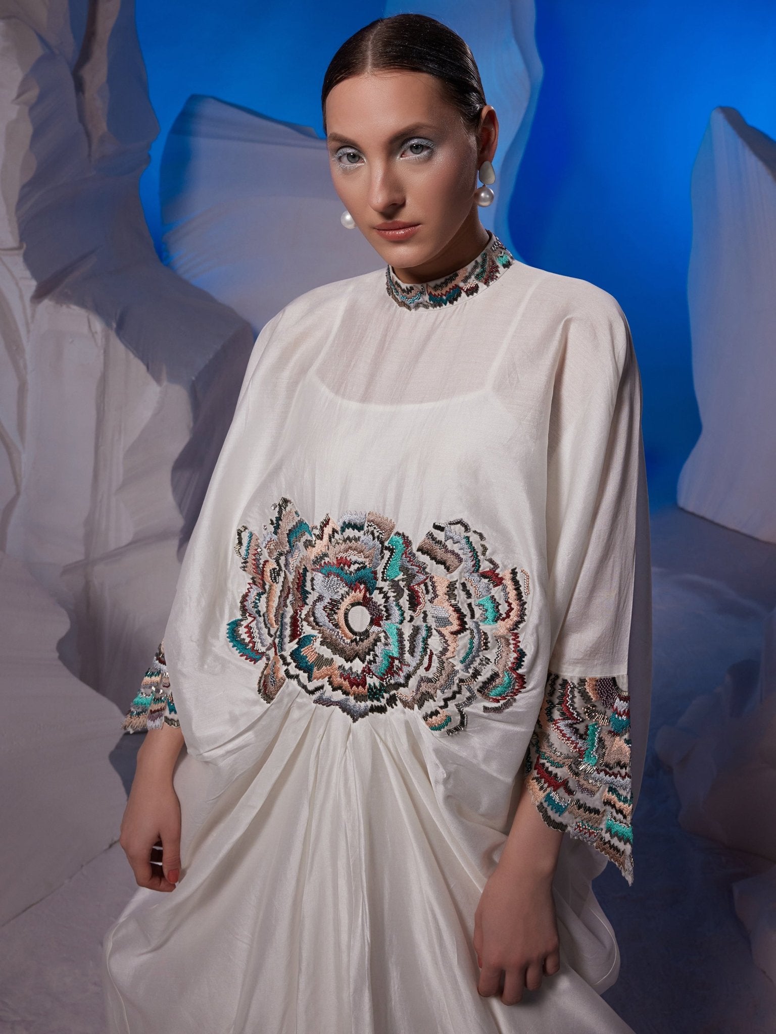 Cowl dress adorned with vibrant embroidery - samantchauhan Apparel & Accessories
