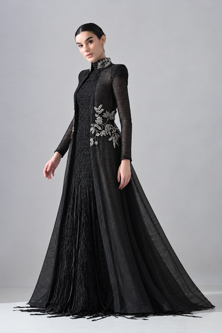 Black Silhouette Withsheer Layers with Silver Embroidery and stone work with textured dress inside