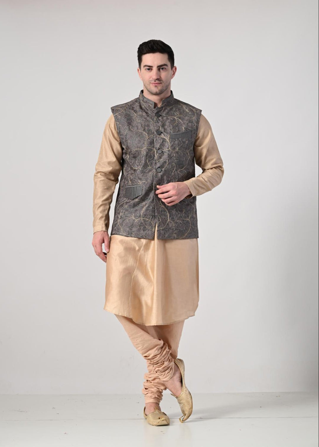 elegance with this beige kurta churidar set, paired with a stylish grey ebroidered Nehru jacket - samantchauhan Apparel &amp; Accessories