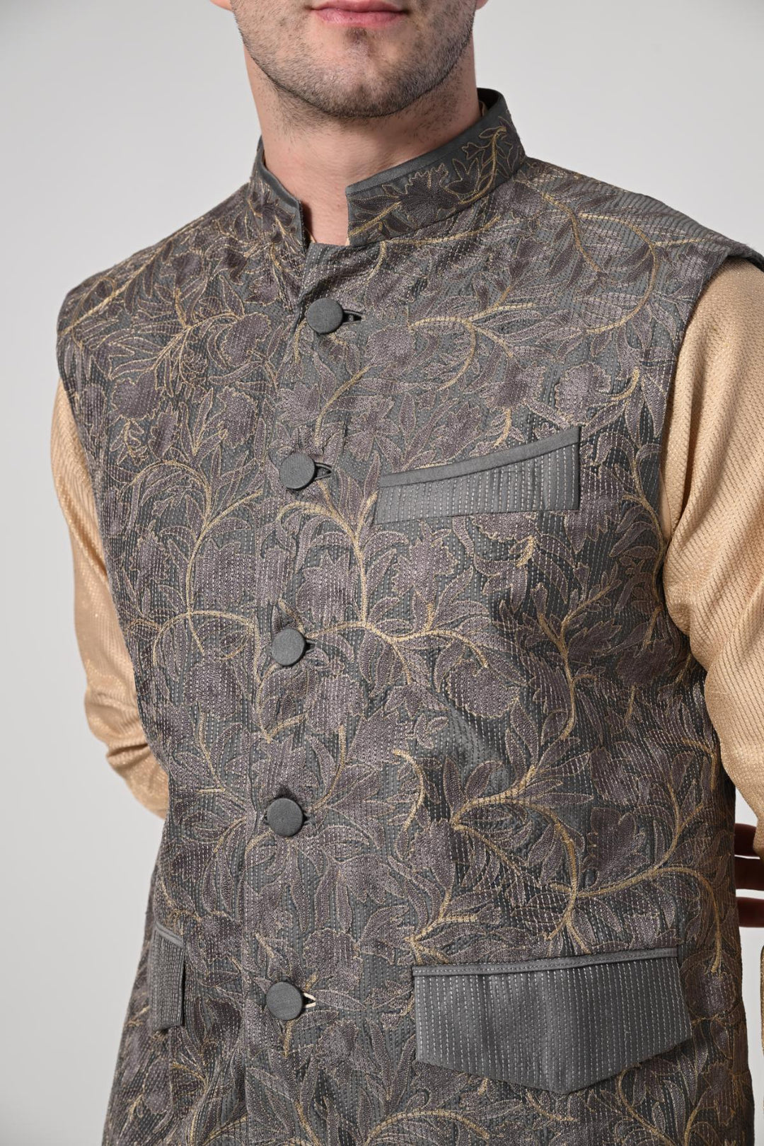 elegance with this beige kurta churidar set, paired with a stylish grey ebroidered Nehru jacket - samantchauhan Apparel &amp; Accessories