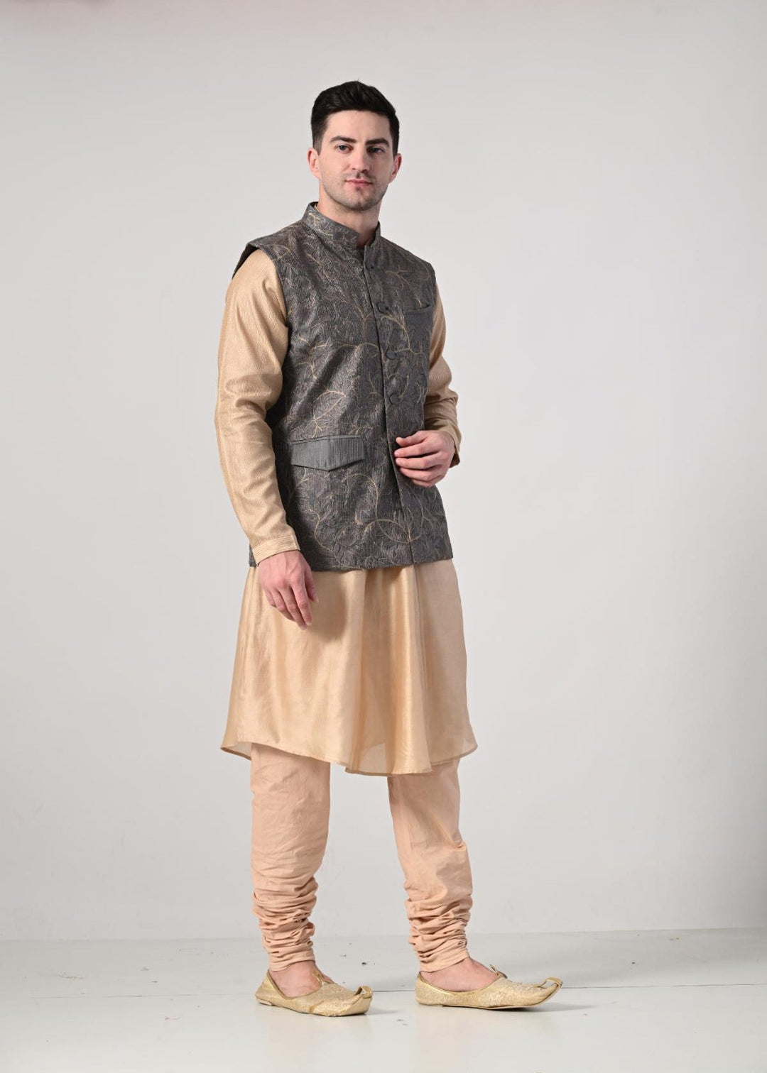 elegance with this beige kurta churidar set, paired with a stylish grey ebroidered Nehru jacket - samantchauhan Apparel &amp; Accessories
