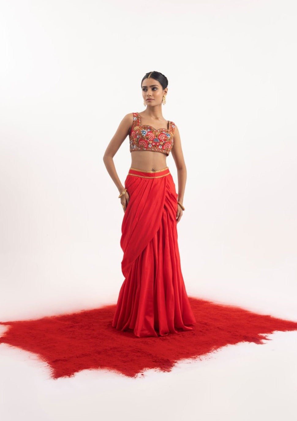 Elegant 2 - piece set featuring a red cotton silk draped skirt set - samantchauhan Apparel & Accessories