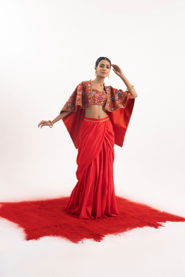 Elegant 3 - piece set featuring a red cotton silk draped skirt set - samantchauhan Apparel &amp; Accessories