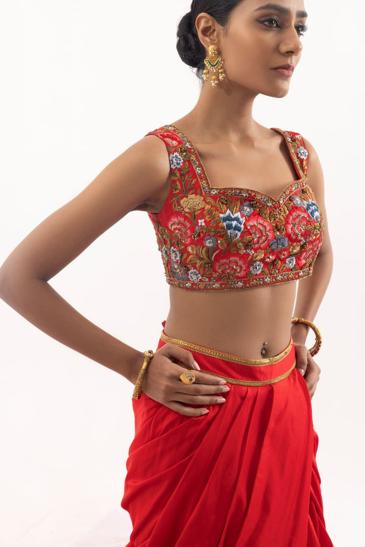 Elegant 3 - piece set featuring a red cotton silk draped skirt set - samantchauhan Apparel &amp; Accessories