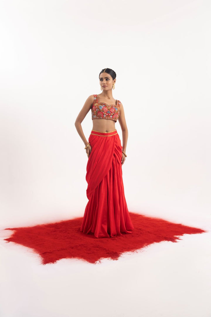 Elegant 3 - piece set featuring a red cotton silk draped skirt set - samantchauhan Apparel &amp; Accessories