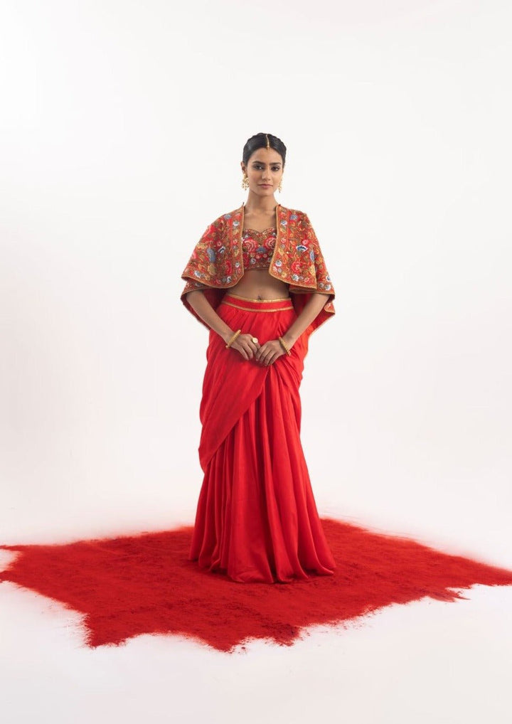 Elegant 3 - piece set featuring a red cotton silk draped skirt set - samantchauhan Apparel &amp; Accessories