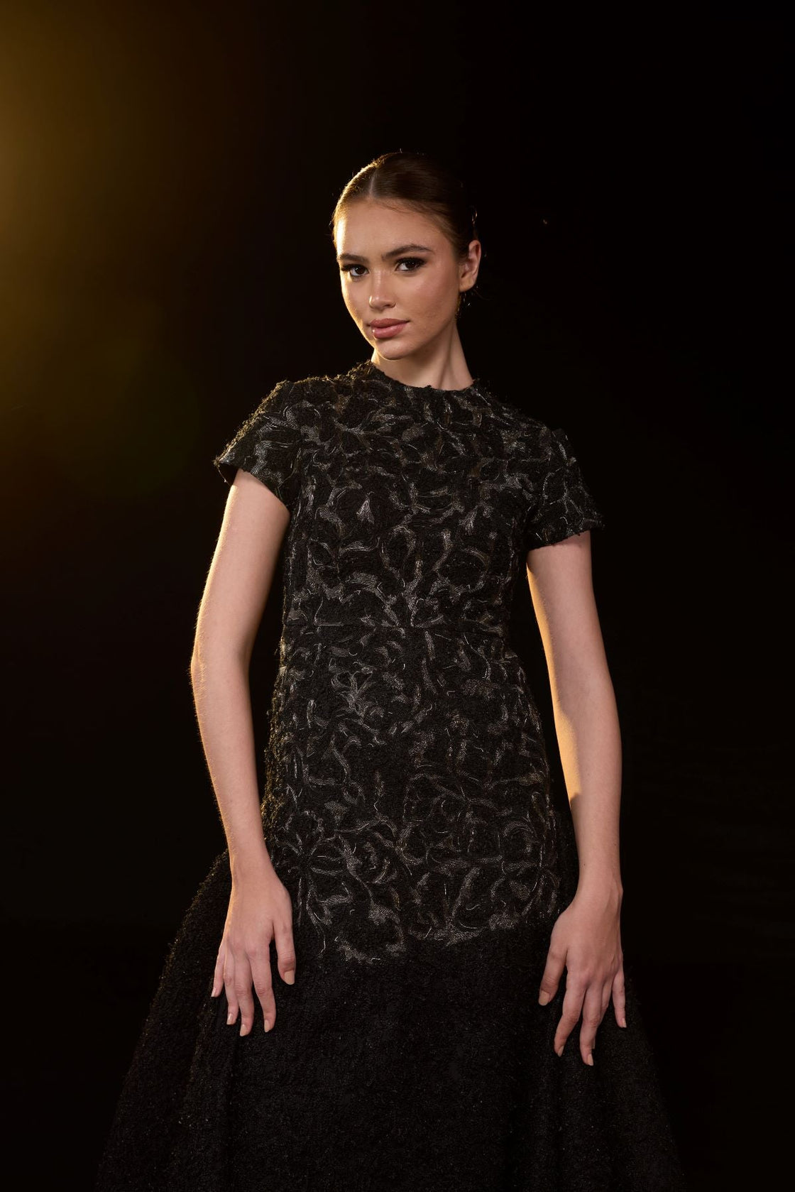 Elegant black gown featuring intricate tonal embroidery.