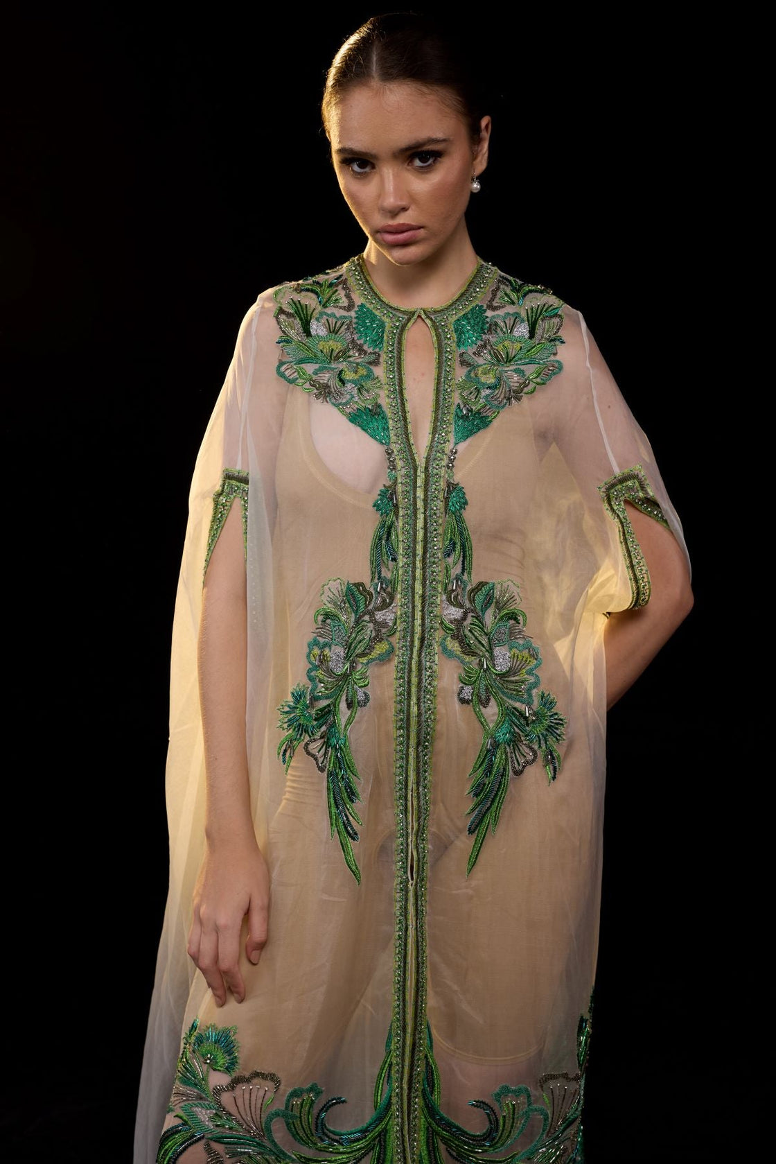 Elegant Embroidered Sheer Cape Gown.