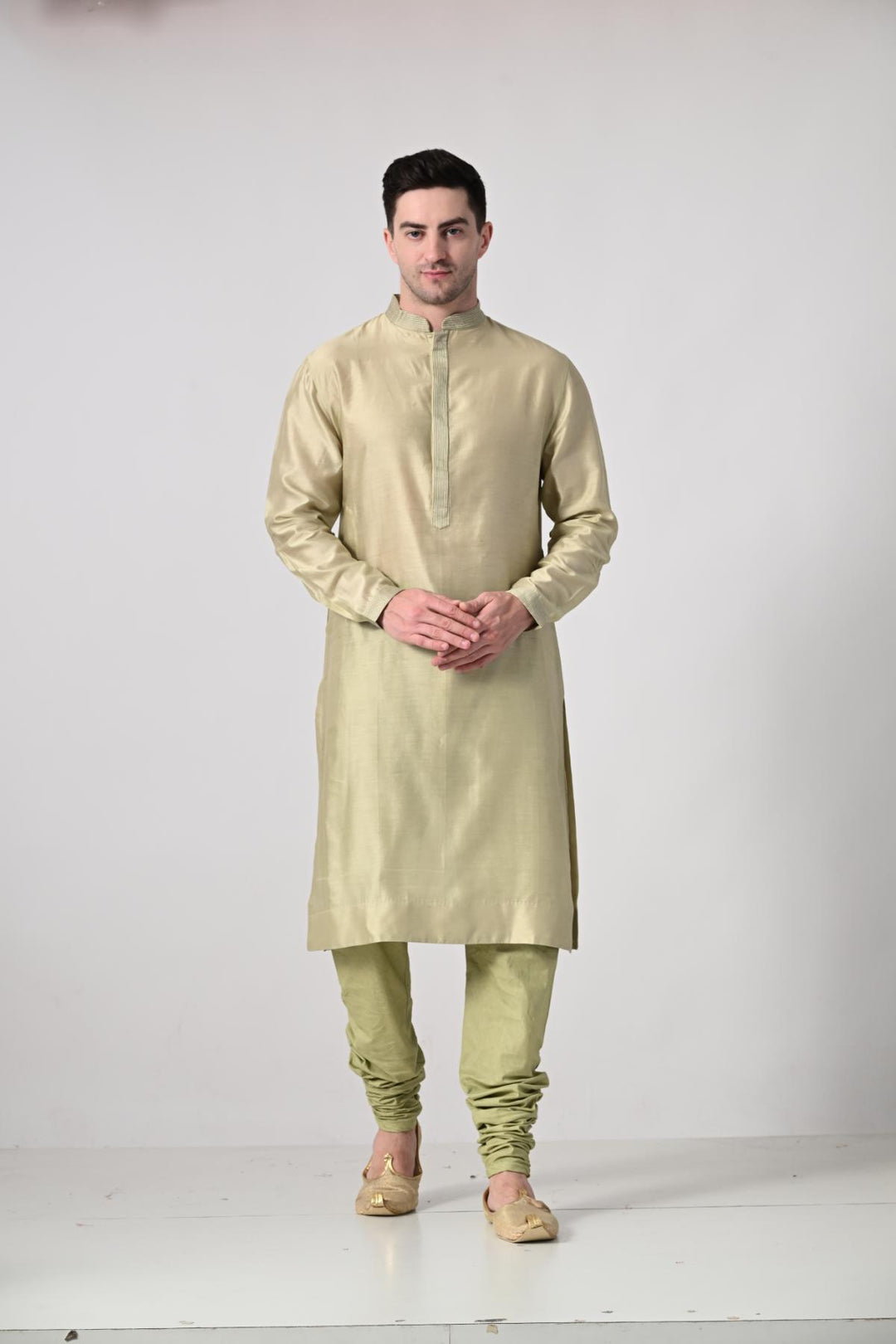 elegant light gold kurta churidar set, paired with a beautifully embroidered beige Nehru jacket - samantchauhan Apparel &amp; Accessories