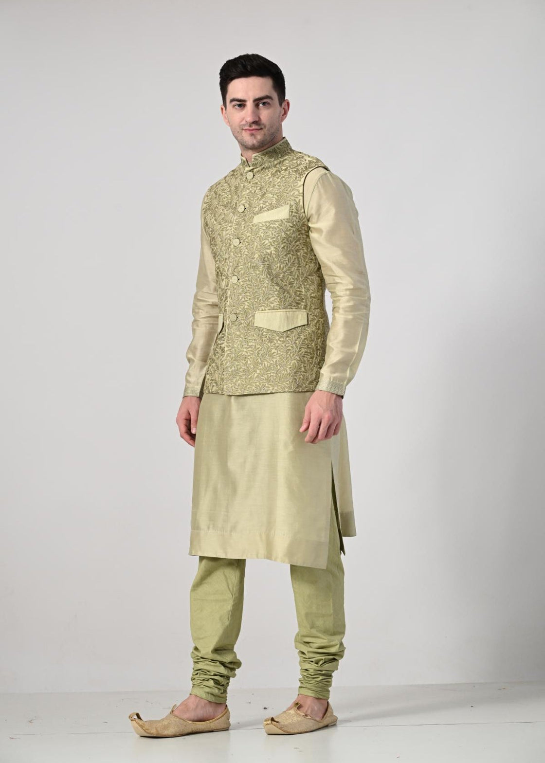 elegant light gold kurta churidar set, paired with a beautifully embroidered beige Nehru jacket (Copy) - samantchauhan Apparel & Accessories