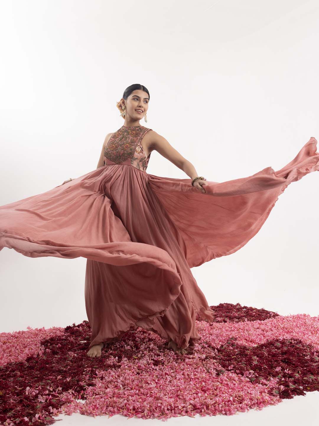 Elegant one - piece long dress in peach cotton silk. - samantchauhan Apparel &amp; Accessories