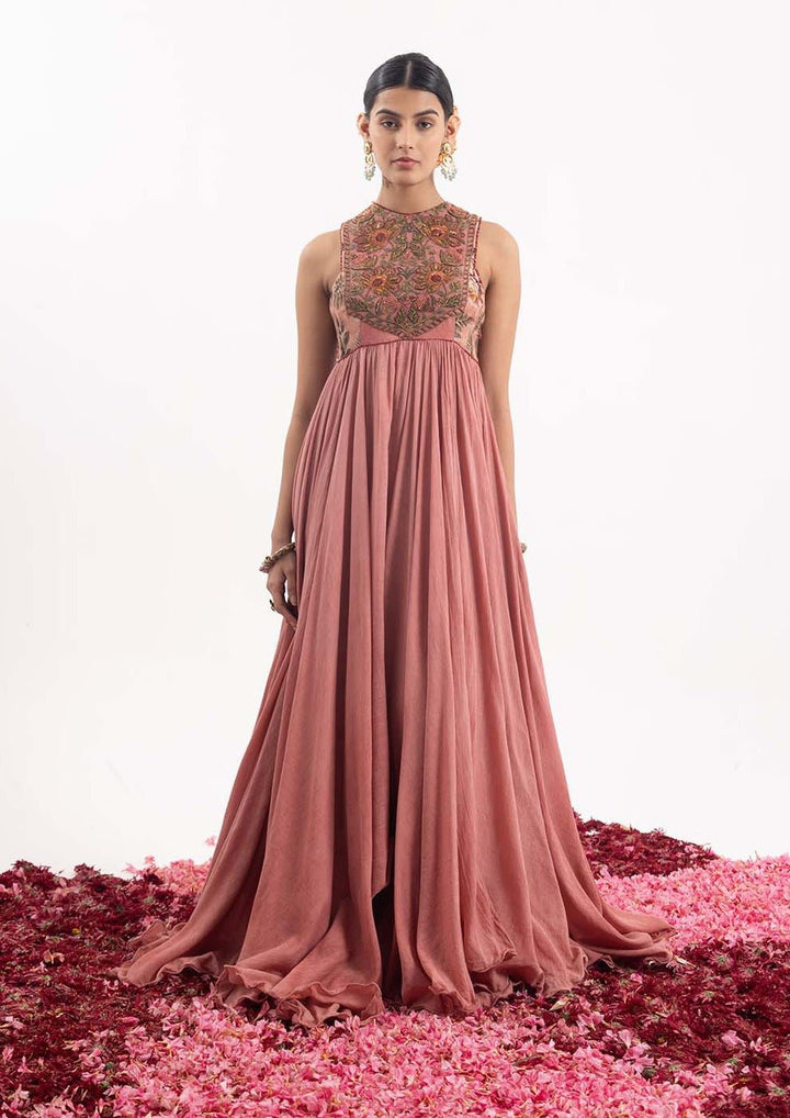 Elegant one - piece long dress in peach cotton silk. - samantchauhan Apparel &amp; Accessories