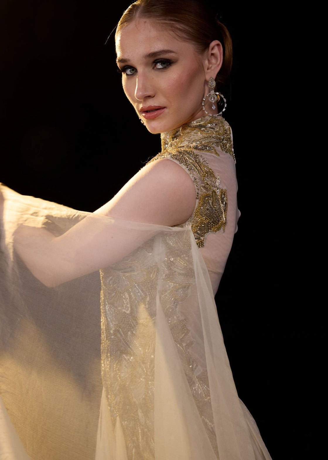 Embellished Gold Evening Gown with Sheer Train - samantchauhan Apparel & Accessories