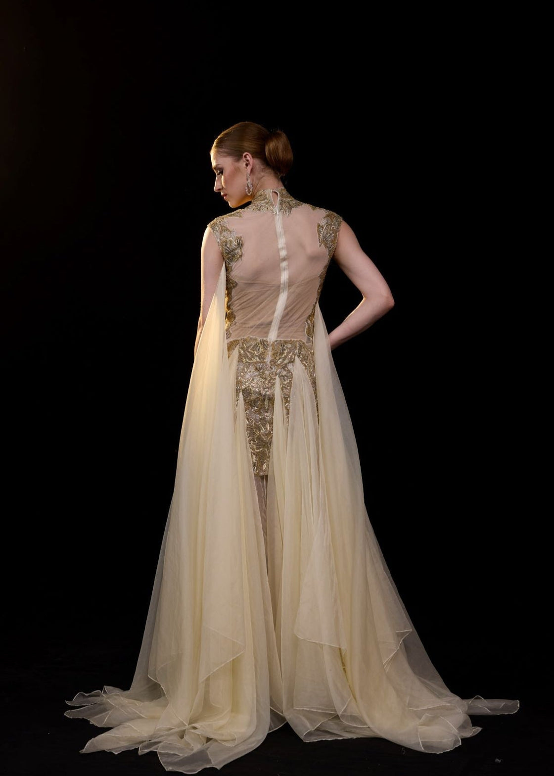 Embellished Gold Evening Gown with Sheer Train - samantchauhan Apparel & Accessories