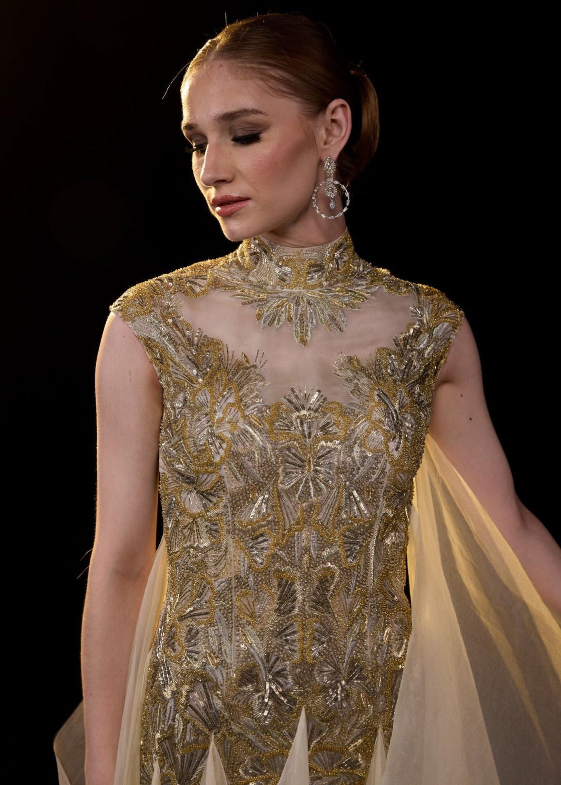Embellished Gold Evening Gown with Sheer Train - samantchauhan Apparel & Accessories