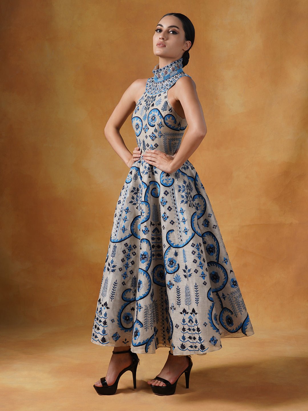 Embroidered A - line gown in linen silk with a stylised high neck - samantchauhan Apparel & Accessories