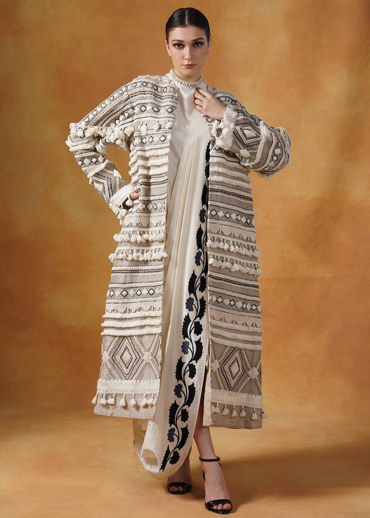 Embroidered bohemian style long jacket in linen silk, topped on an ivory cotton silk drape dress - samantchauhan Apparel &amp; Accessories