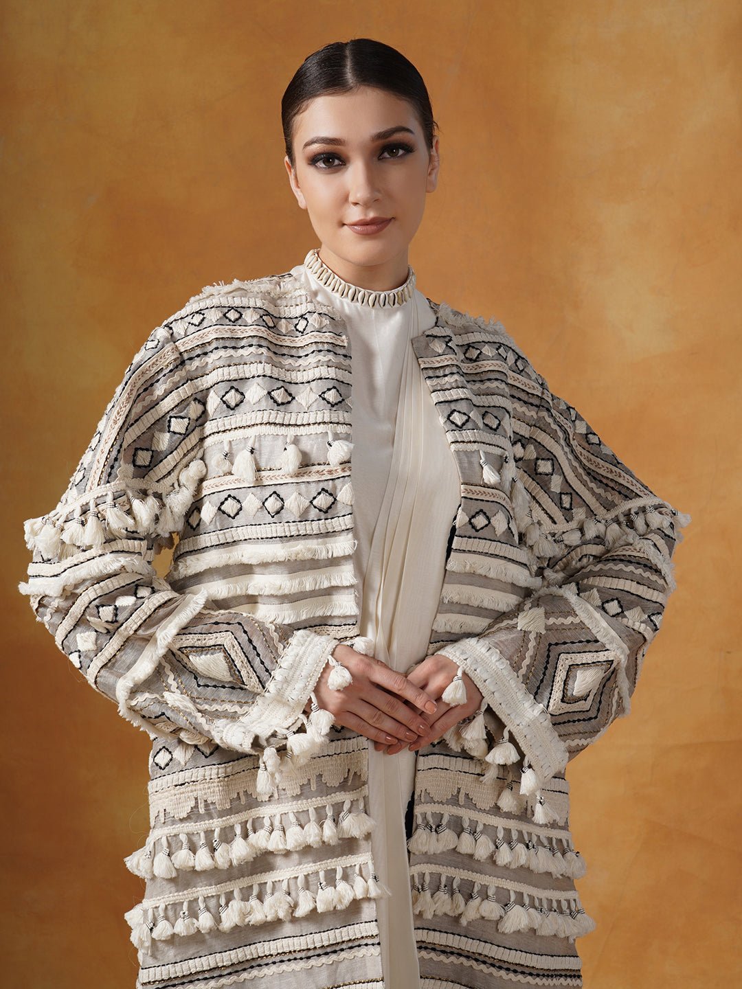 Embroidered bohemian style long jacket in linen silk, topped on an ivory cotton silk drape dress - samantchauhan Apparel &amp; Accessories
